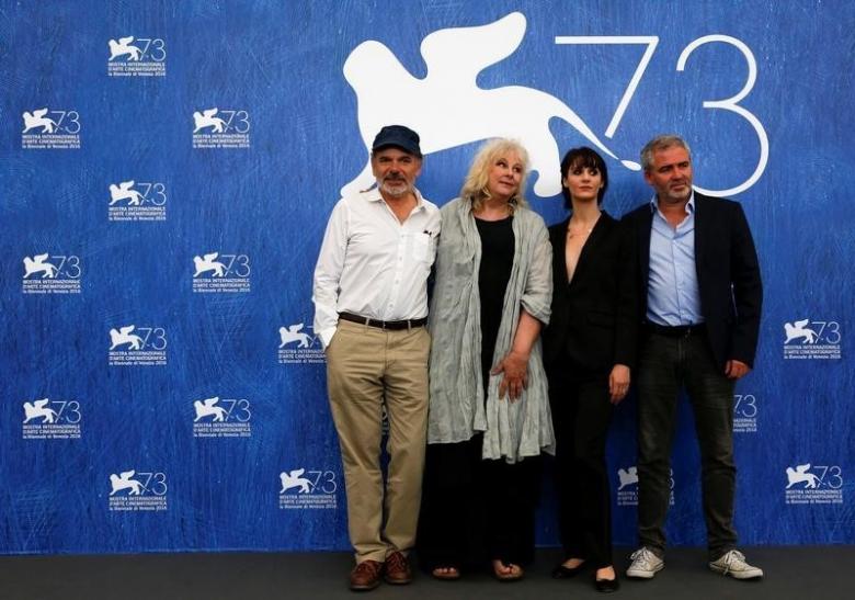 Director Stephane Brize poses with actors Judith Chemla, Yolande Moreau and Jean Pierre Darroussin as they attend the photocall for the movie "Une Vie" at the 73rd Venice Film Festival in Venice