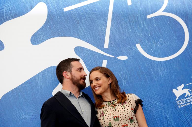 Director Pablo Larrain poses with actress Natalie Portman as they attend the photocall for the movie "Jackie" at the 73rd Venice Film Festival in Venice